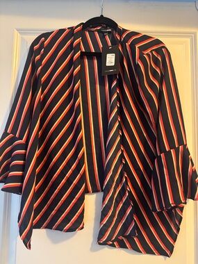 Striped Open Front cardigan in Navy with Red and Yellow Stripes